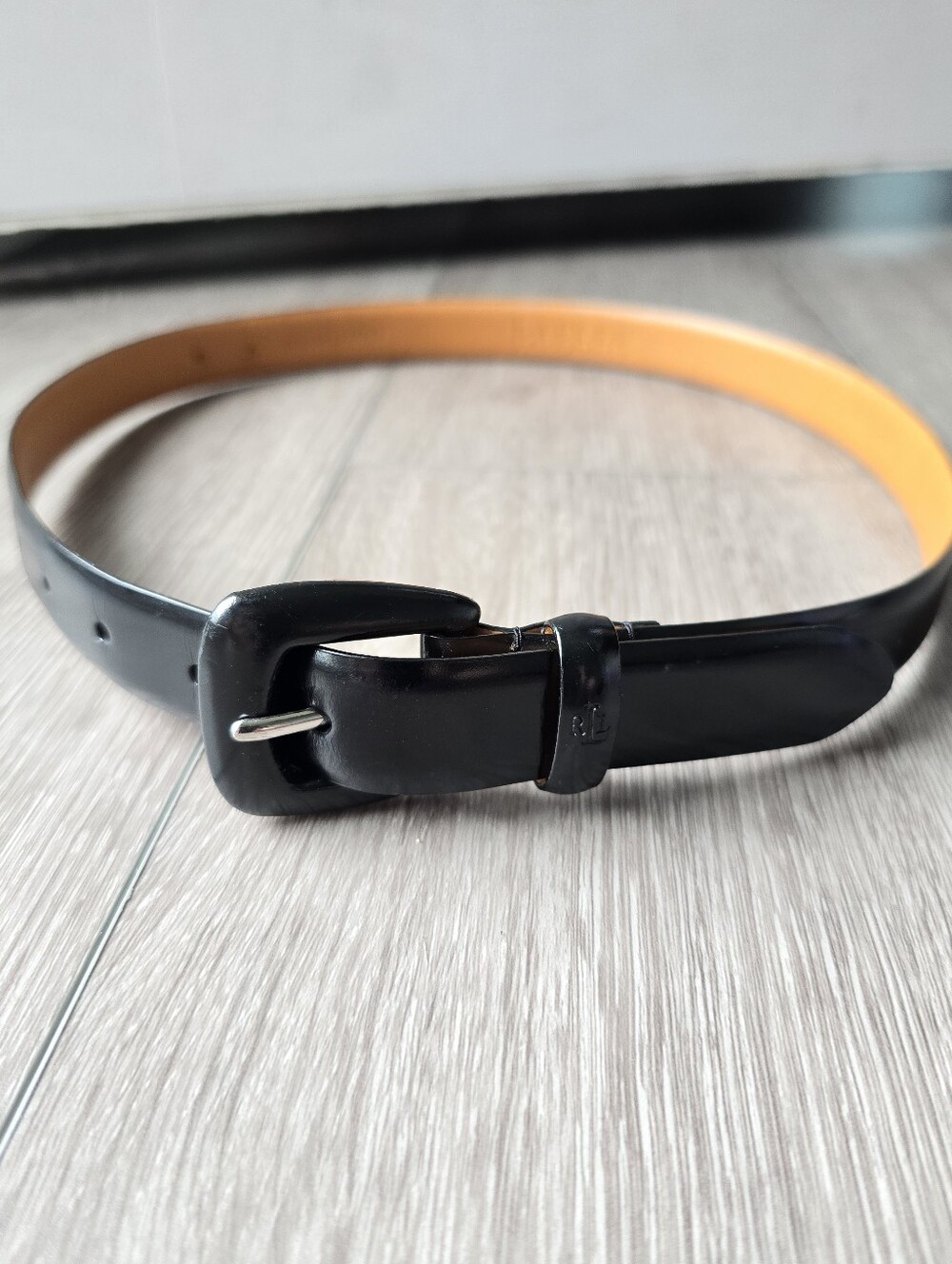 Lauren Ralph Lauren Black Italian Leather Skinny Belt Covered Buckle Size S